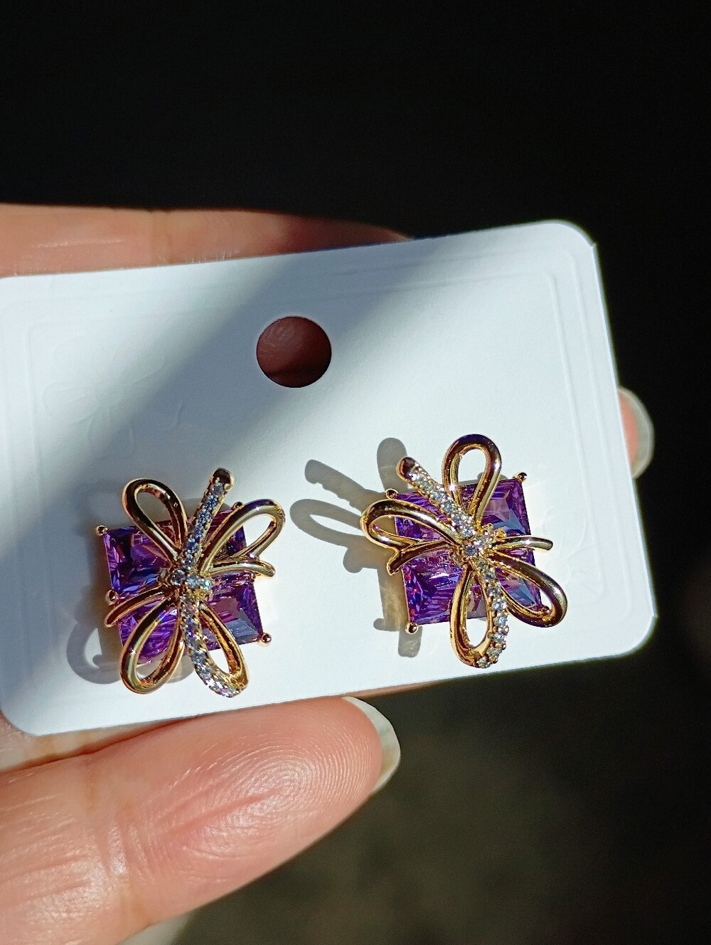 New Gold-Tone Purple Crystal Bow Stud Earrings